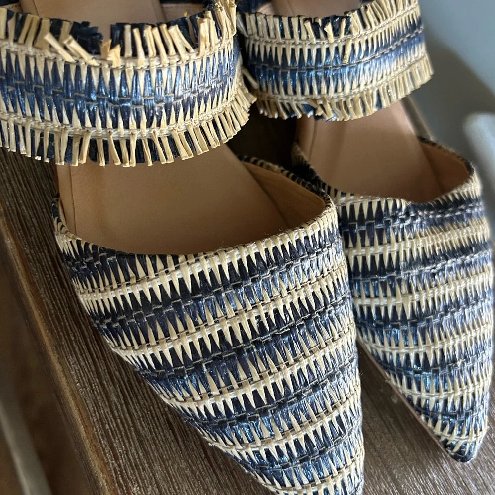 TUCKERNUCK SHOES Women Midnight Raffia Cara Mules Pointed Toe Striped Handmade